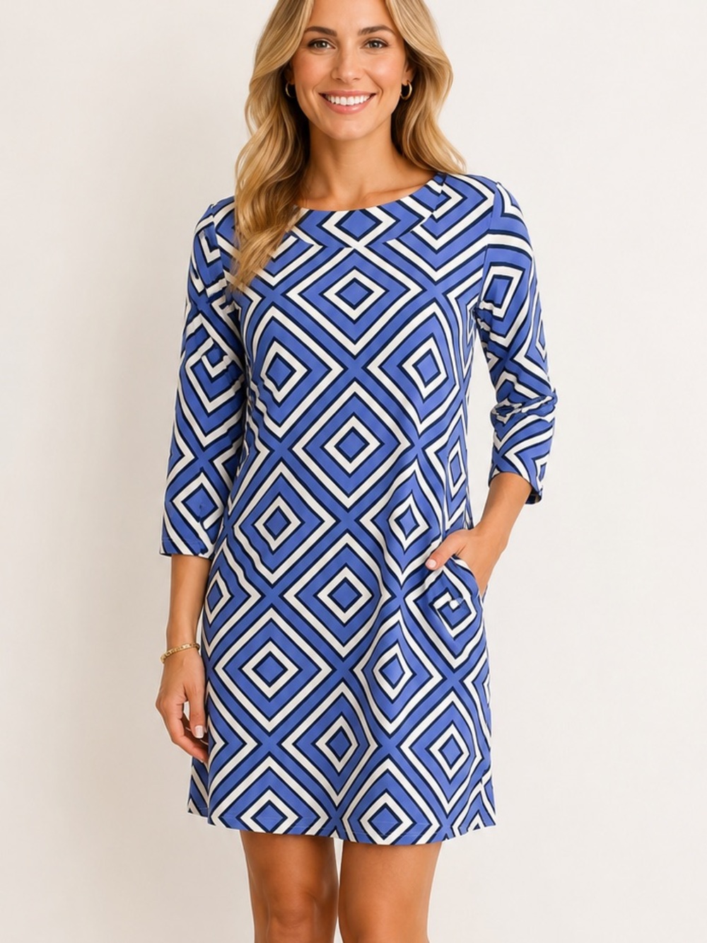 Mahi Gold Bimini Dress in Blue Geometric Pattern SZ S
